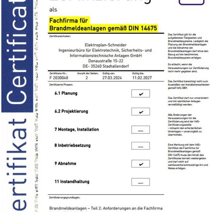 Zertifikat Sprachalarmanlage